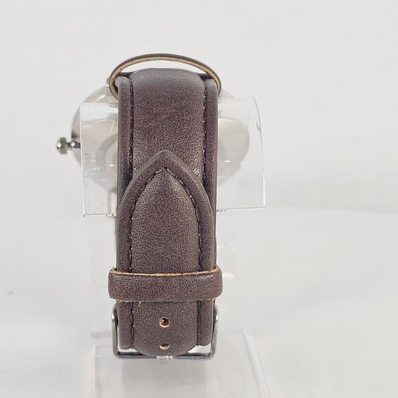 Women's Quartz Watch White Dial Brown Faux Leather Band Silver Case 40mm - Picture 9 of 12